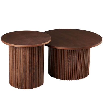 Walnut Wood Veneer Tabletop, Set of 2 Round Coffee Tables, Farmhouse Circle Coffee Table MDF Table-top with Metal Base, Sofa Side Table for Living Room, Reception Room