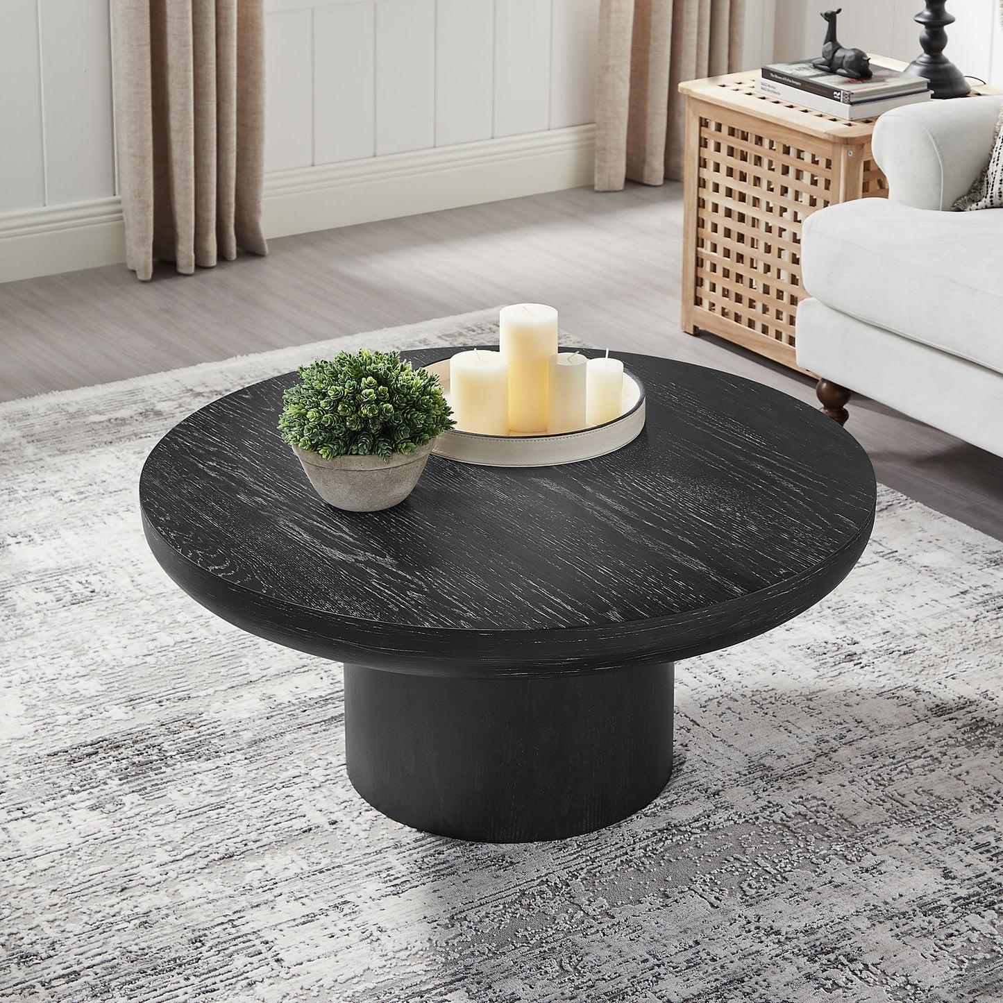 35.98inch Round Coffee Table with Cylindrical Leg,Wood Veneer Tabletop Table,Rounded  Sofa Side Table for living Room Office,Black