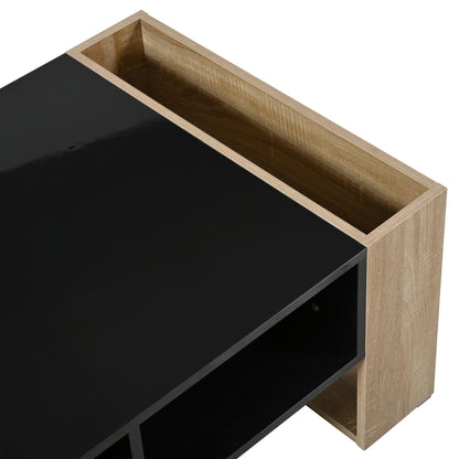 ON-TREND High Glossy Coffee Table with 2 Drawers, Practical Two Tone Center Table with Hidden Compartments, Rectangle Cocktail Table with Open Storage Shelf for Living Room, Bedroom, Black, 41.3*23.6"