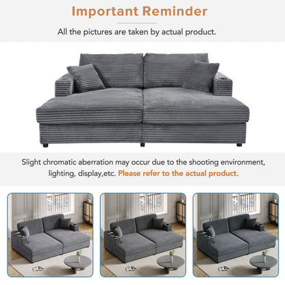 86.5" Oversized Loveseat Chaise Lounge Sectional Sofa Bed Corduroy Sleeper Sofa with Two USB Ports , Two Cup Holders and Two Throw Pillows for Living Room and Bedroom, Dark Gray