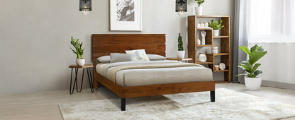 Mid-Century Modern Solid Wood Bed Frame Queen Size Platform Bed with Three-Piece Headboard Design, No Box Spring Needed, Brown