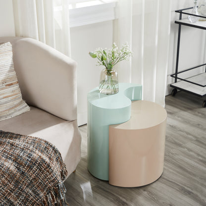 Ying Yang Modern & Contemporary Style 2PC End Table Made with Iron Sheet Frame in Mint & Taupe