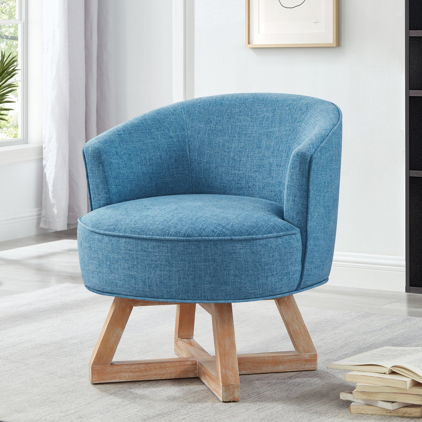 Swivel chair with cross-shaped wooden base,Lounge chair with solid wood legs, 360°freely Swivel chair , Classic linen Fabric for living room, bedroom, office, dresser -Light Blue