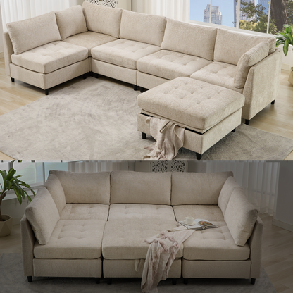 [NEW ARRIVED] [VIDEO PROVIDED]   Modular Sectional Couch with Storage Ottoman, U Shaped Sofa, Storage Ottoman,Minimalist ,Convertible Modular Sofa,Chenille ,Upholstered,6 Seat,Living Room,  Beige