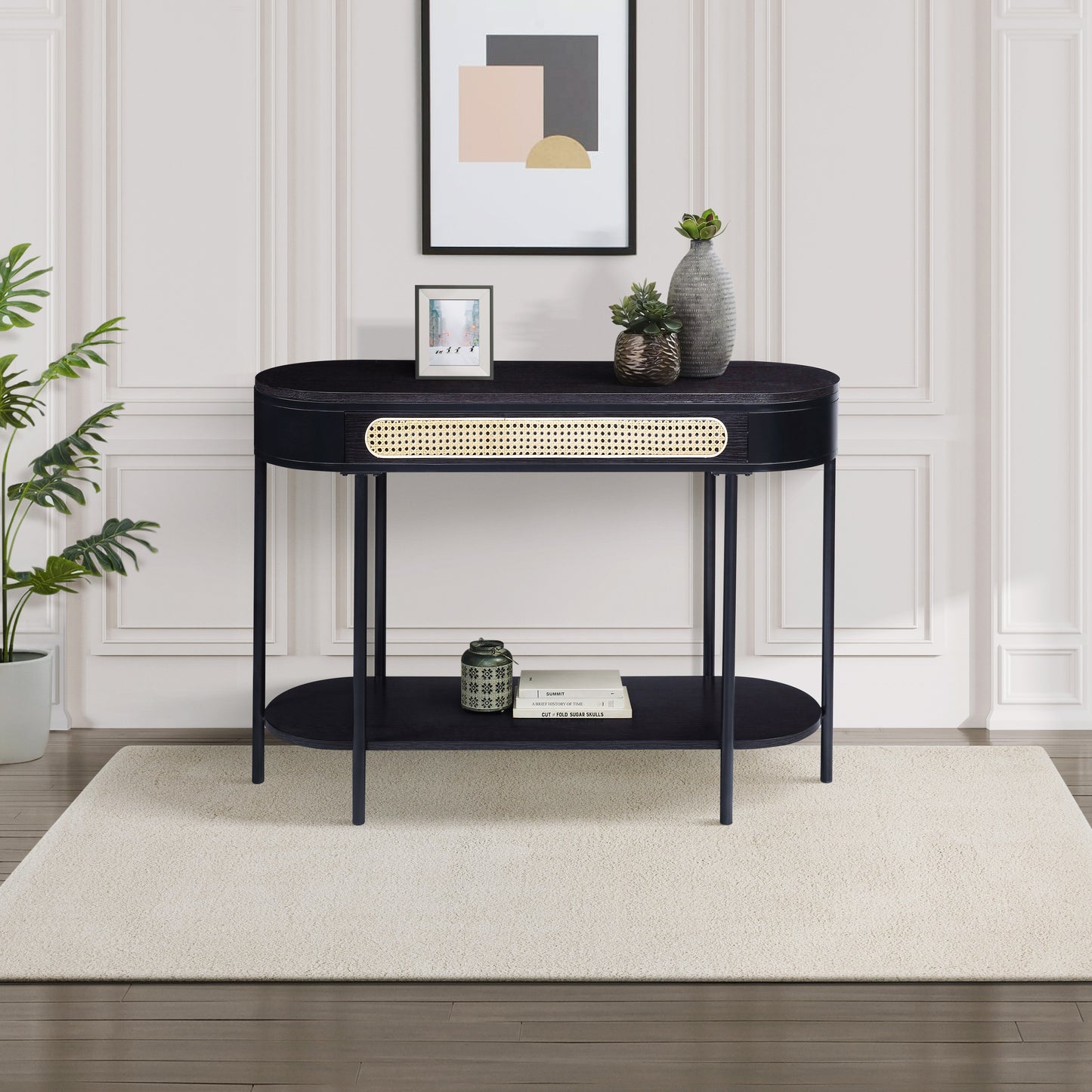 Black Oval Sofa Table with Bottom Shelf