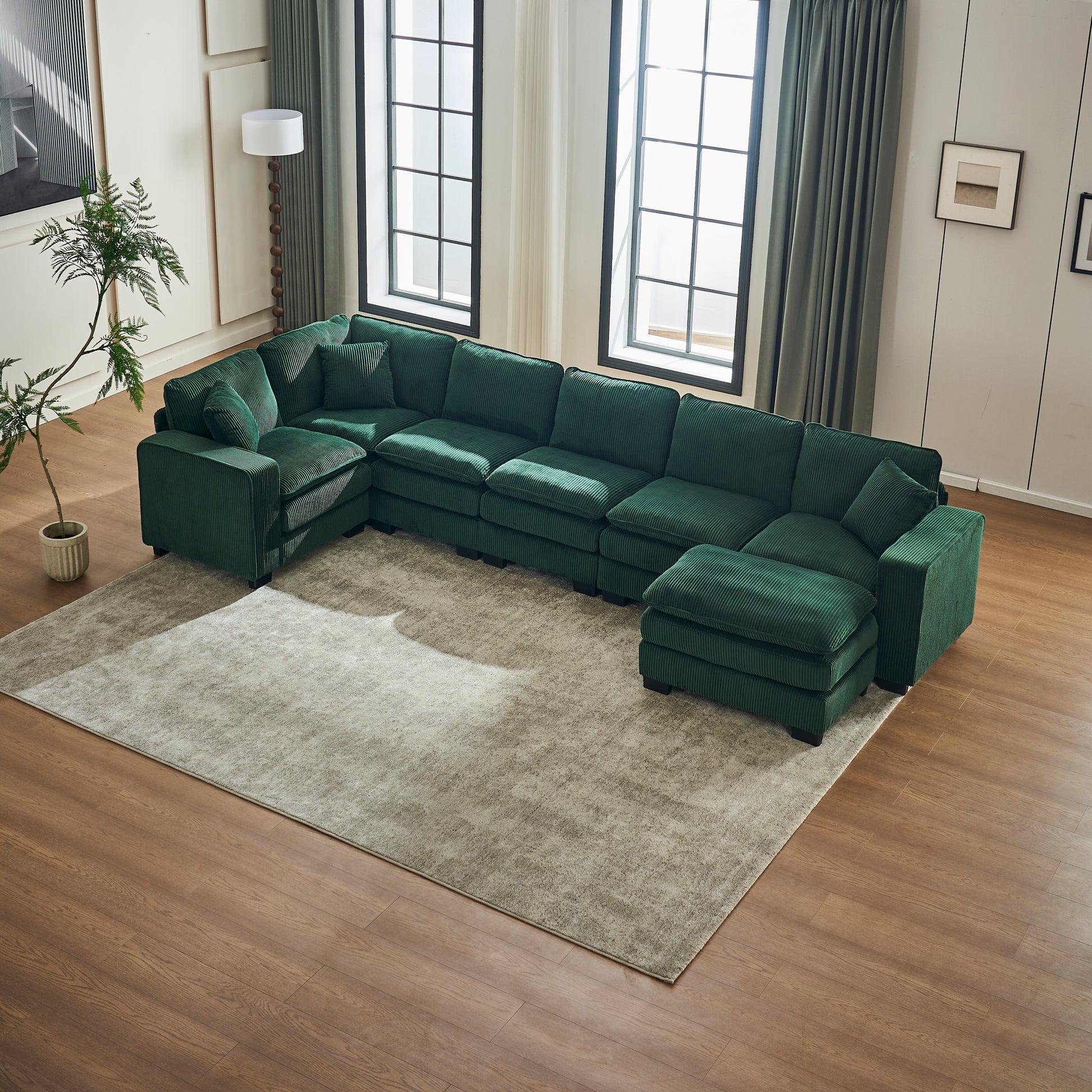 Modern U Shaped 6-seat Sectional Sofa Couch with one Ottoman and three toss pillows ,Modular Sofa for Living Room,Corduroy sofa