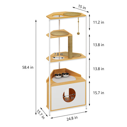 Corner Cat Tower, Cat Tree with Scratching Post, Cat Condo with Feeding Station and Climbing Platforms, Pet Furniture for Indoor Cats