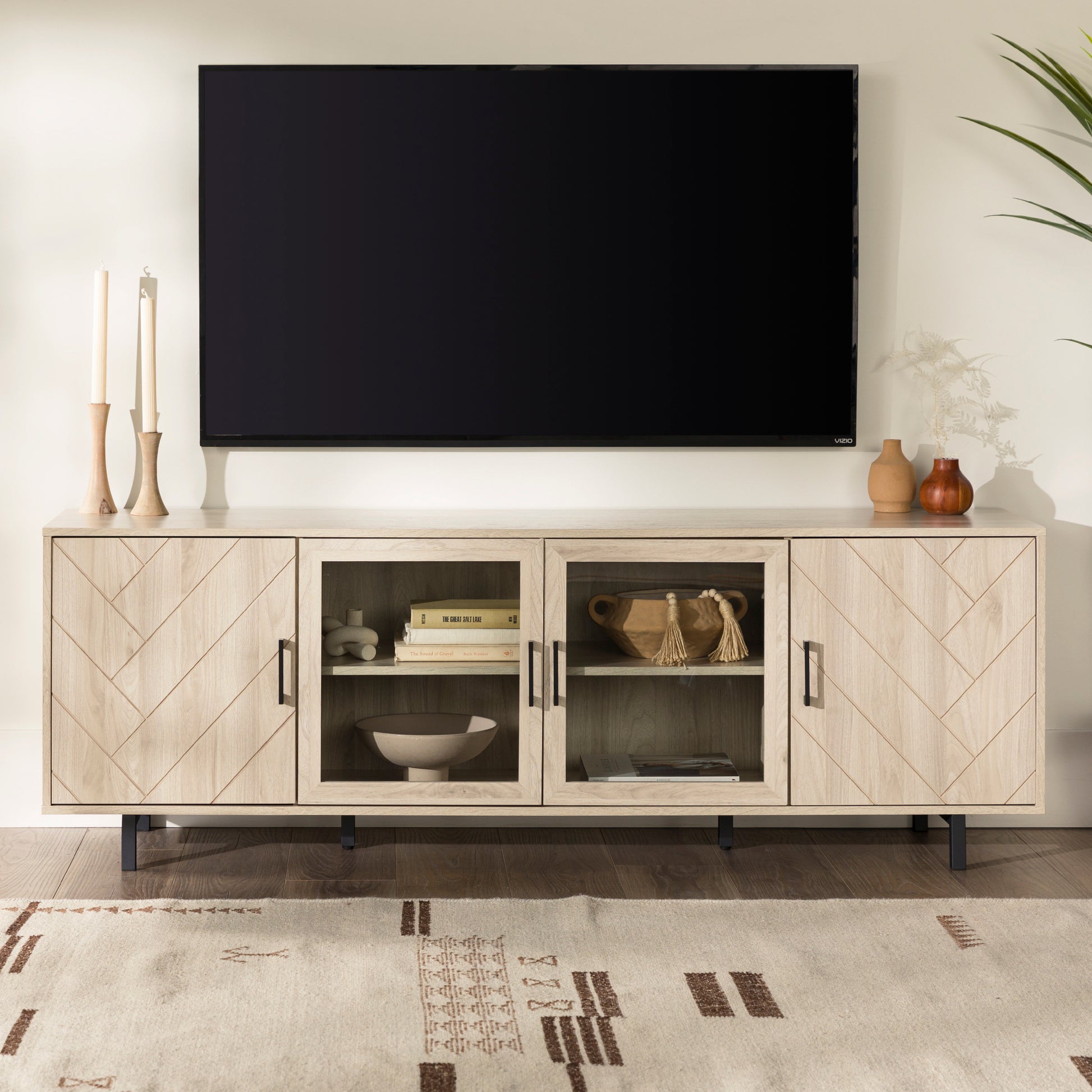 Modern Scandinavian 4-Door Herringbone 70" TV Stand for TVs up to 80" - Birch