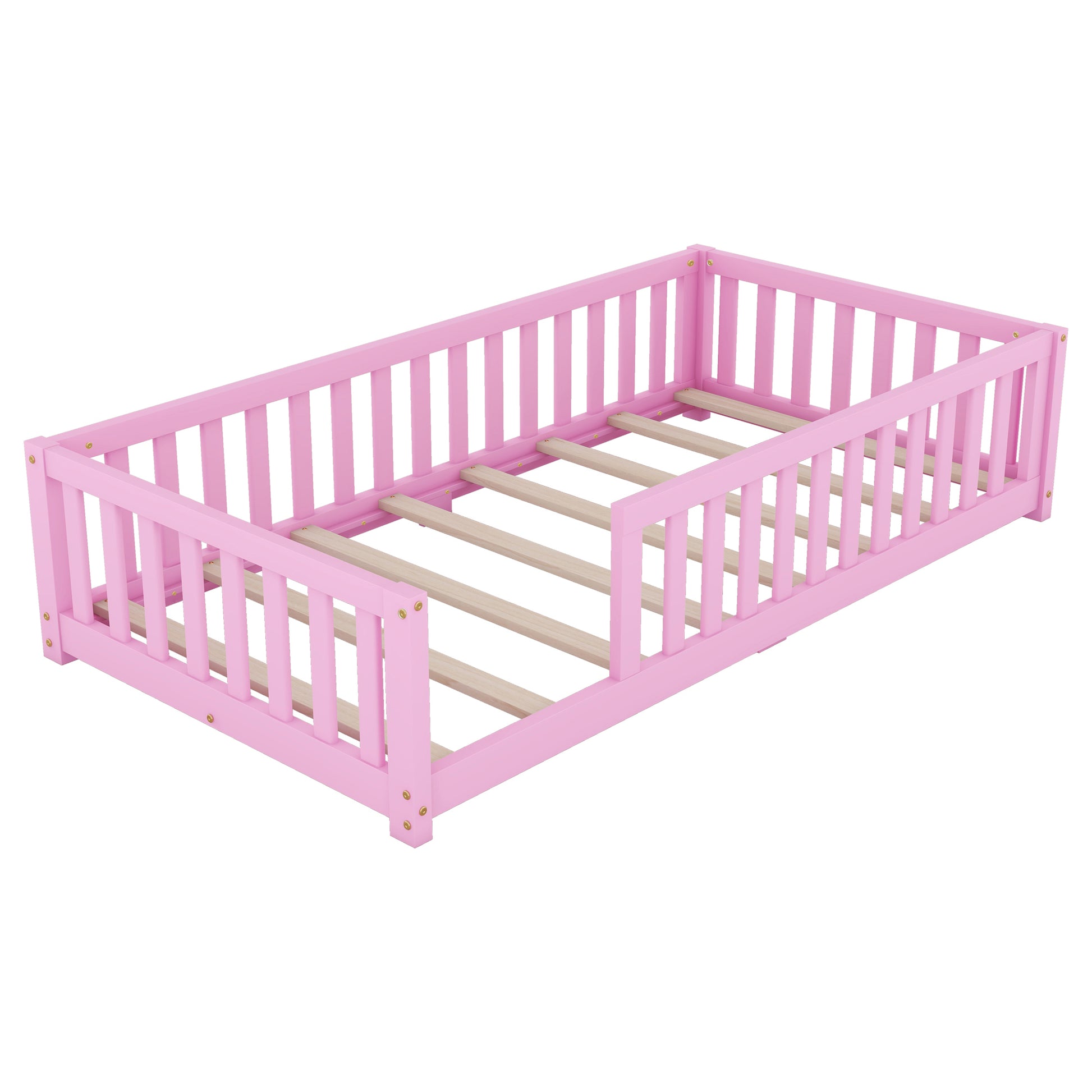 Twin Size Bed Floor Bed with Safety Guardrails and Door for Kids, Pink