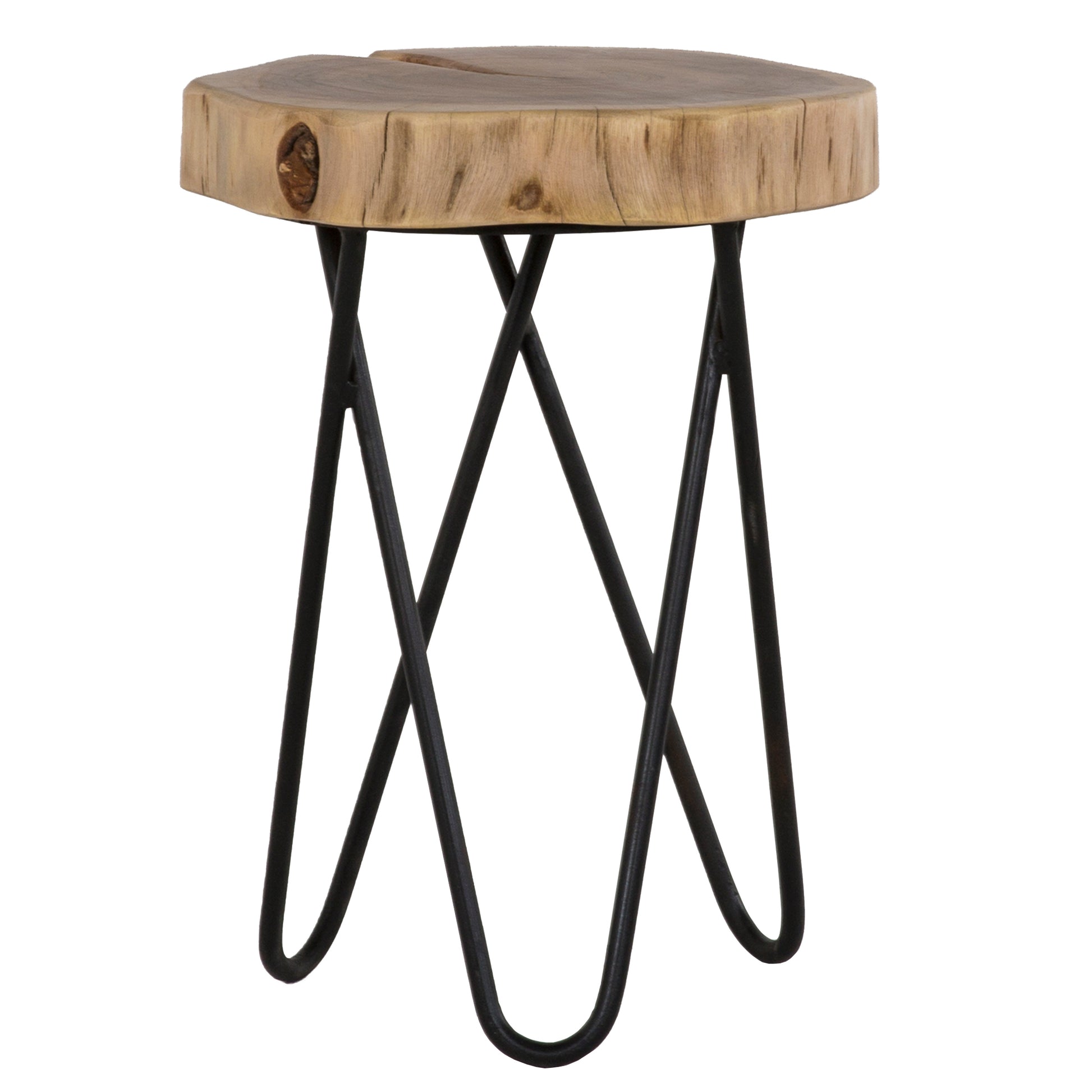 12" Acacia Wood End/Side Table, Living Room Accent Stool, Iron Hairpin Legs, Home Décor, Brown/Black