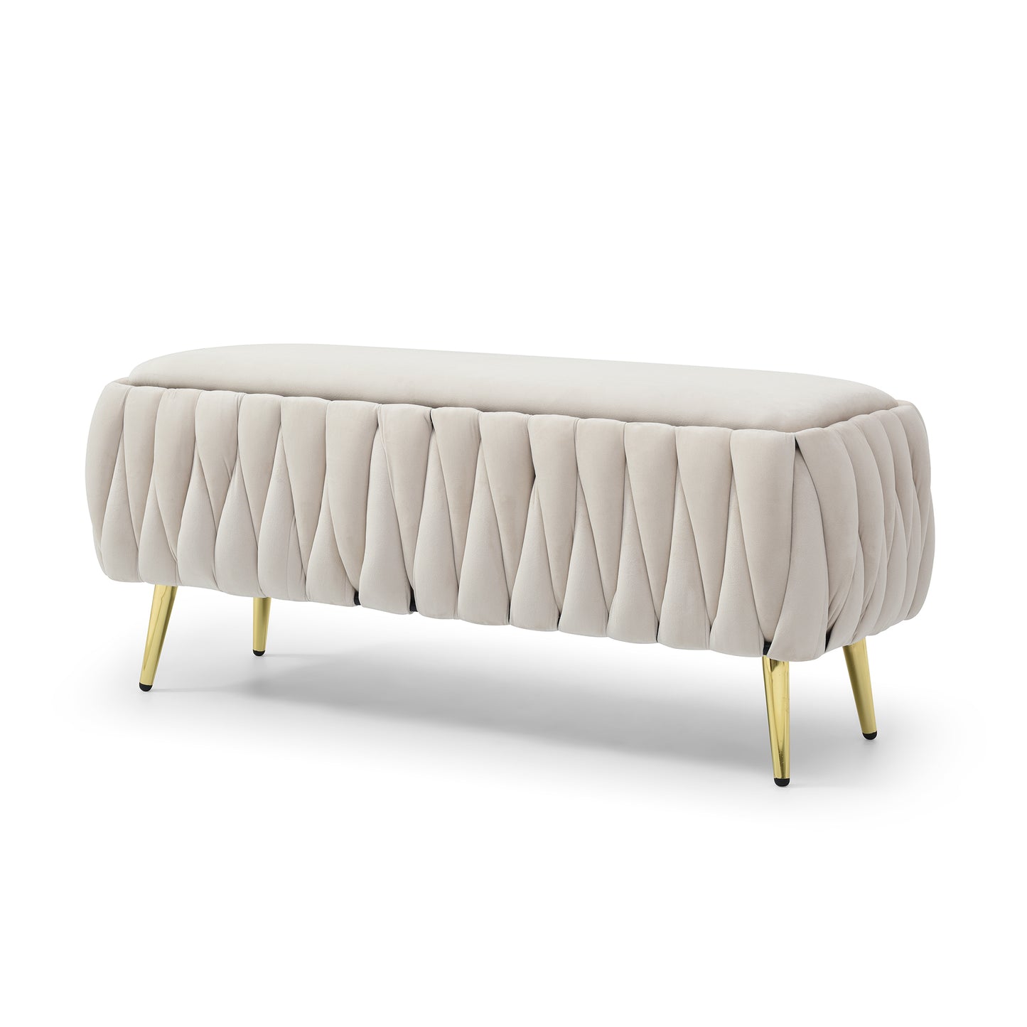 Oval Storage Bench with Gold Legs,Velvet Fabric Upholstered Ottoman Storage Benches for Bedroom End of Bed,Sherpa Fabric Bench for Living Room,Dining Room,Entryway,Bed Side,Beige,5 colors