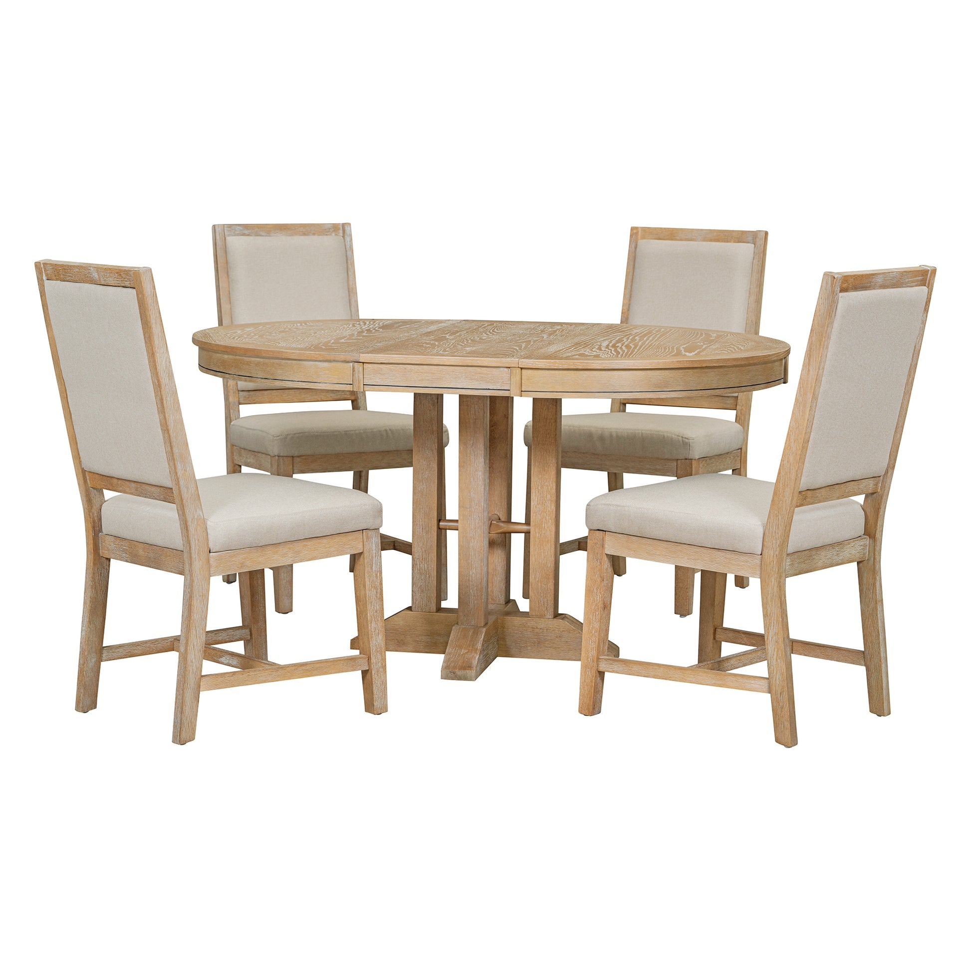 TREXM 5-Piece Dining Set Extendable Round Table and 4 Upholstered Chairs Farmhouse Dining Set for Kitchen, Dining Room(Natural Wood Wash)