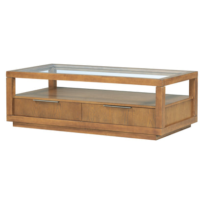 U-Can Modern Wood Coffee Table with 2 Drawers ,Minimalist Display Coffee Table with Transparent Tempered Glass, Open Storage Shelf for Living Room