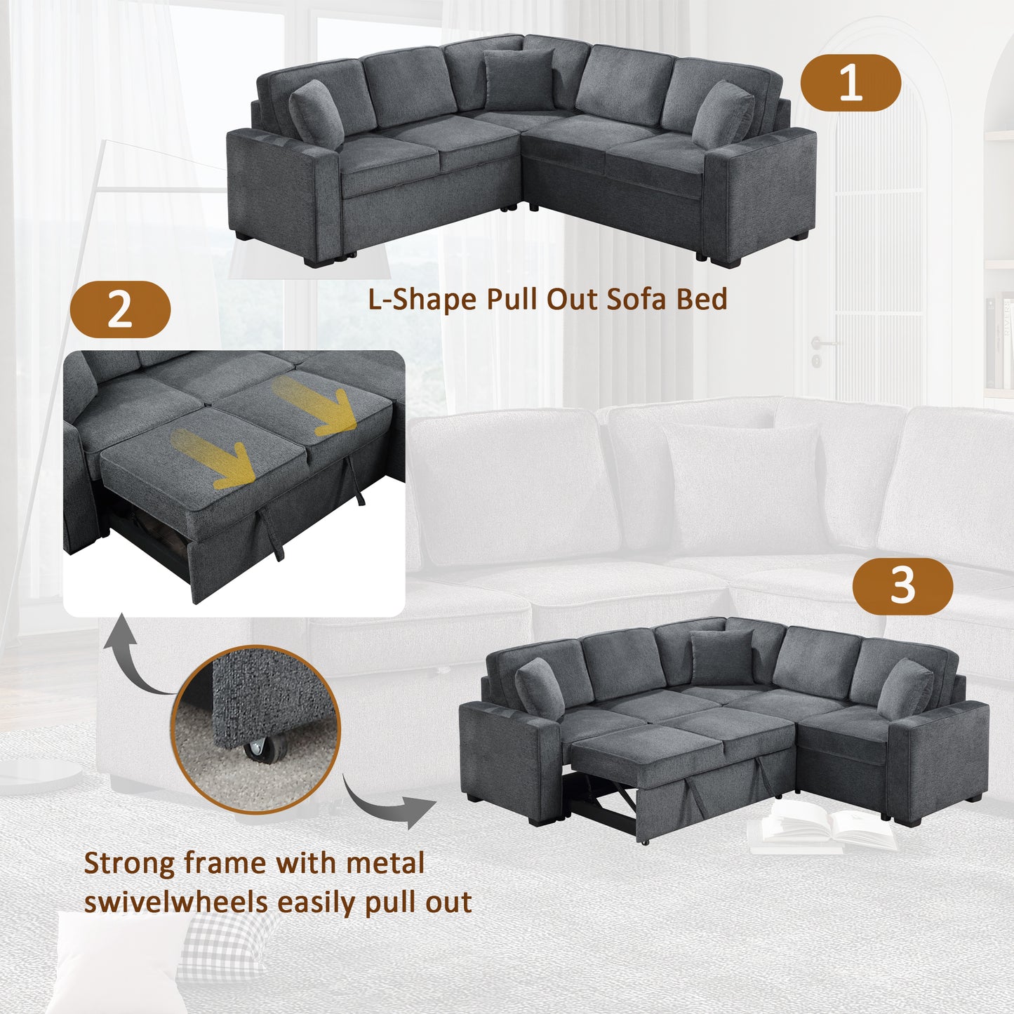 Modular Sofa, Sectional Couch L Shaped Sofa Couch with Pullout Sleeper, 5 Seat Chenille Corner Sofa for Living Room, 3 Pillows Included, Dark Gray