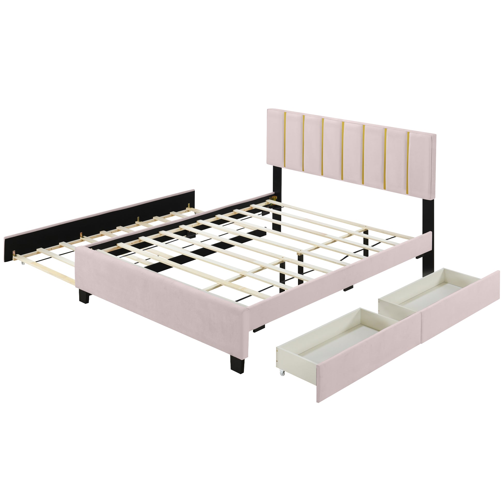 Queen Size Upholstered Platform Bed with 2 Drawers and 1  Trundle, Classic Metal Strip Headboard Design, Pink