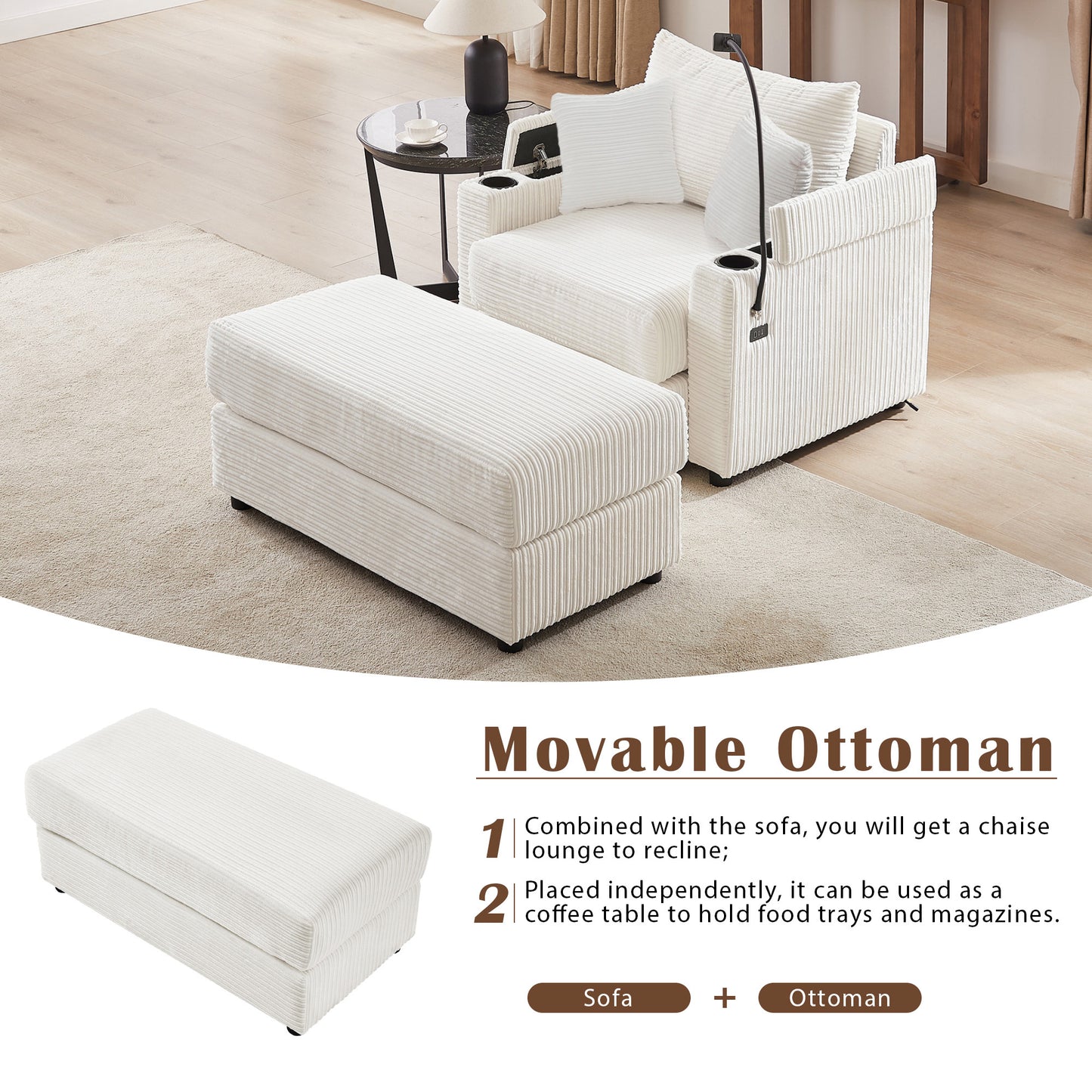 41.7" Modern Style Single Sofa Sofa Couch with Storage Space, A Movable Ottoman, Two USB Ports, Two Cup Holders, A Phone Holder for Living Room, Beige