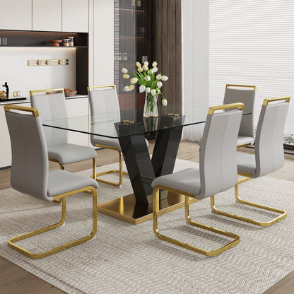 Table and chair set.Subtle Luxury Clear Tempered Glass Dining Set - 71"x35.4" with 6 Light Gray PU Chairs.C-tube Gold Metal Chair Legs.Bring a comfortable home experience to the kitchen, bedroom.