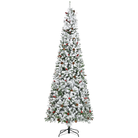 HOMCOM 9 Foot Pencil Snow Flocked Artificial Christmas Tree with Pine Realistic Branches, Pine Cones, Red Berries, Auto Open, Green