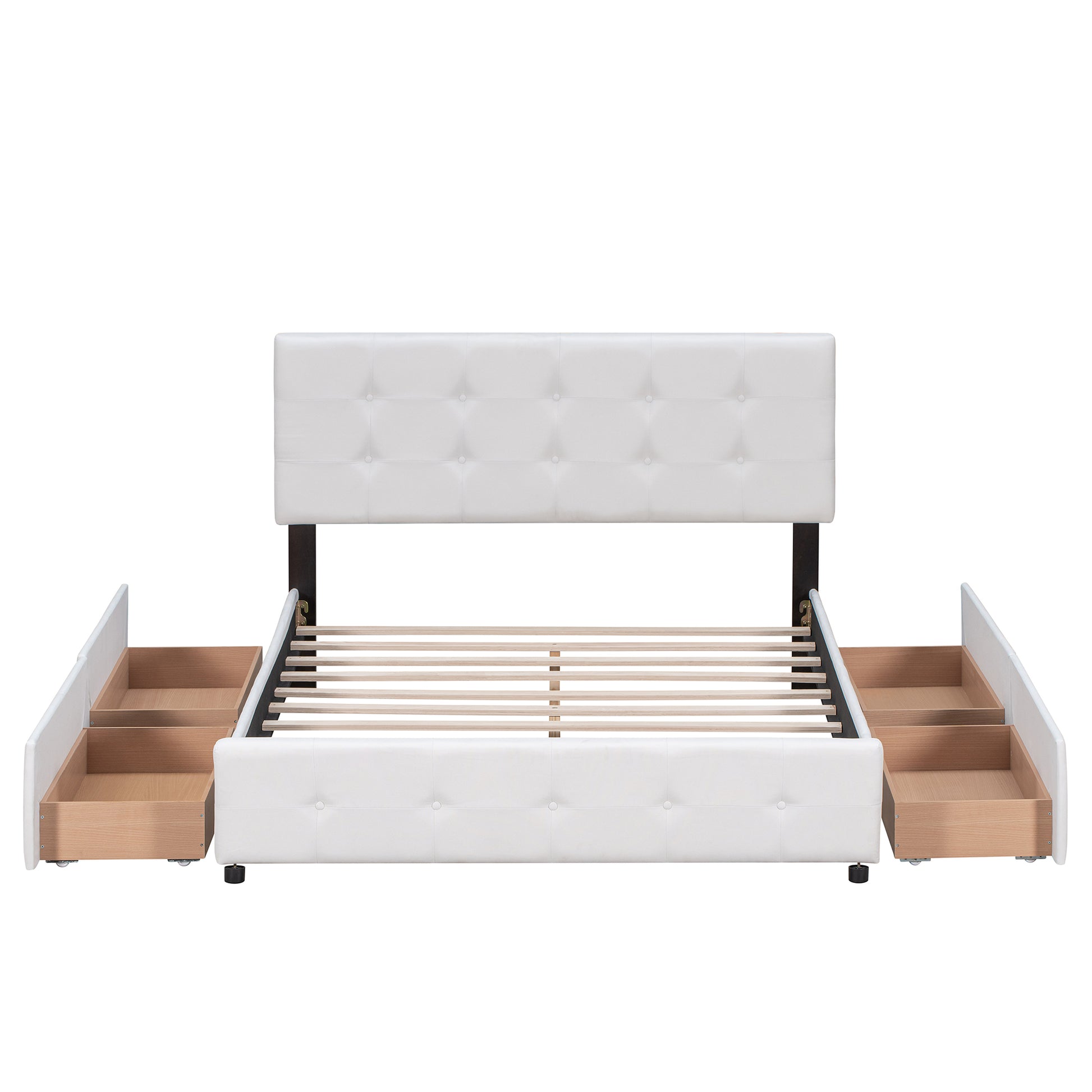 Upholstered Platform Bed with Classic Headboard and 4 Drawers, No Box Spring Needed, Linen Fabric, Queen Size White