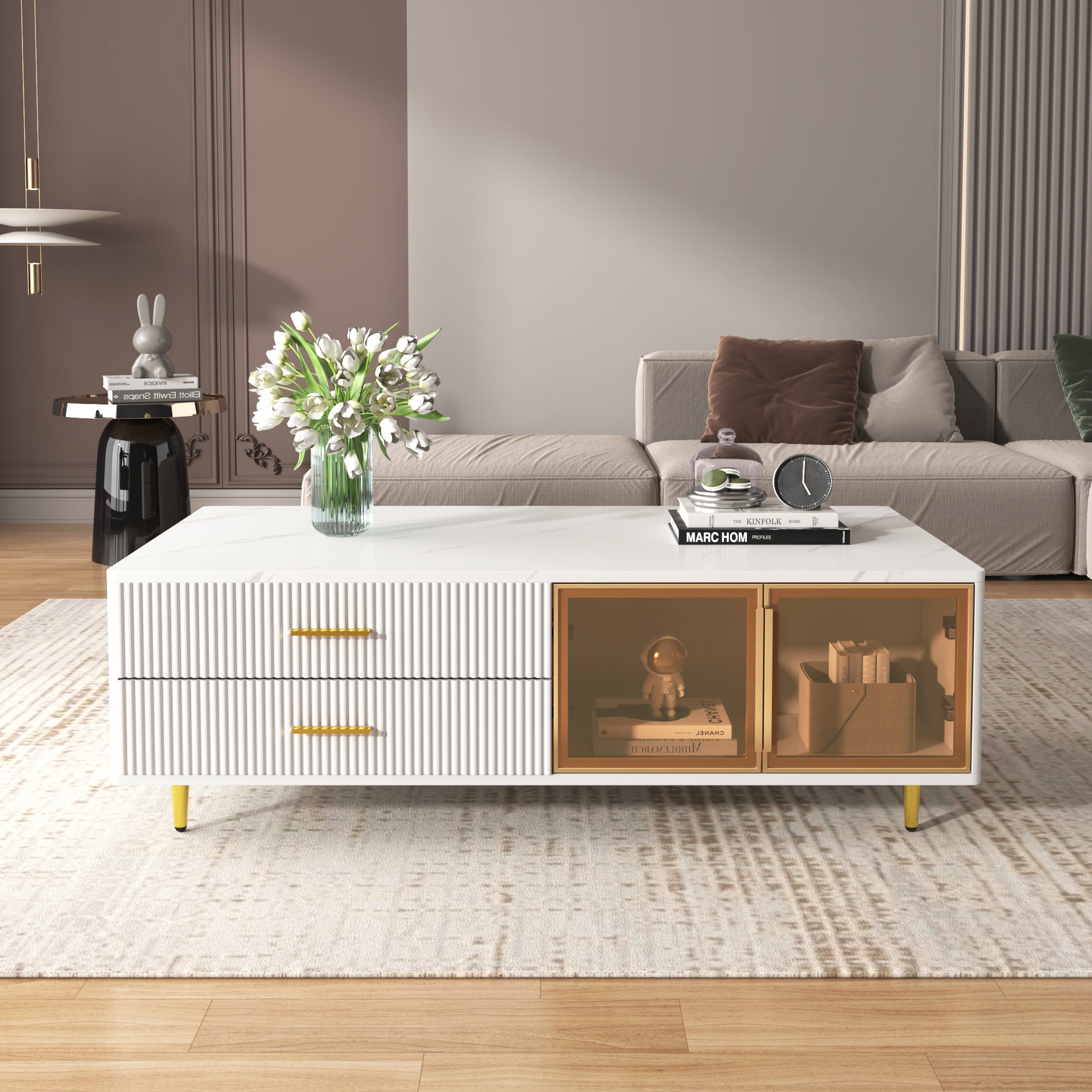 Modern White Coffee Table with 2 Glass Door Storage, 4 Drawers, Gold Metal Legs, and Multi-Color Lighting in 47.2''