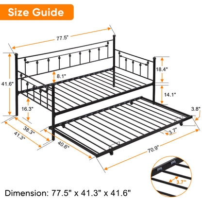 Twin Size Metal Daybed with Pull Out Trundle, Modern 2 in 1 Sofa Bed Frame for Kids Teens Adults,Single Daybed Sofa Bed Frame for Bedroom Living Room Guest Room,No Box Spring Needed