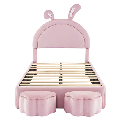 Twin size Upholstered Rabbit-Shape Bed with 2 Storage Stools, Velvet Platform Bed with Cartoon Ears Shaped Headboard, Pink