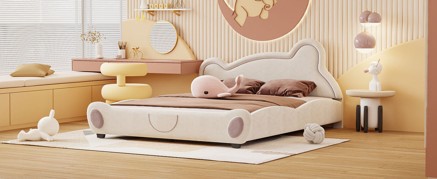 Queen Size Velvet Platform Bed with Bear-Shaped Headboard, with Drawers, with Bed-End Storage Pocket, Beige