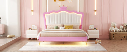 Full Size Upholstered Bed Frame with LED Lights, Modern Upholstered Princess Bed with Crown Headboard, Pink+White