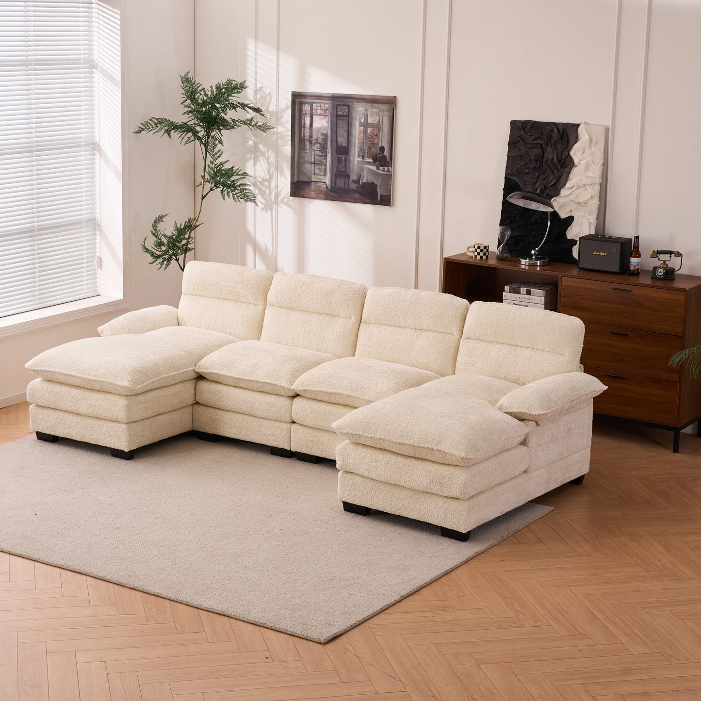 U-shaped profile sofa, including two single seats and two chaise, modular sofa, Chenille sofa,White