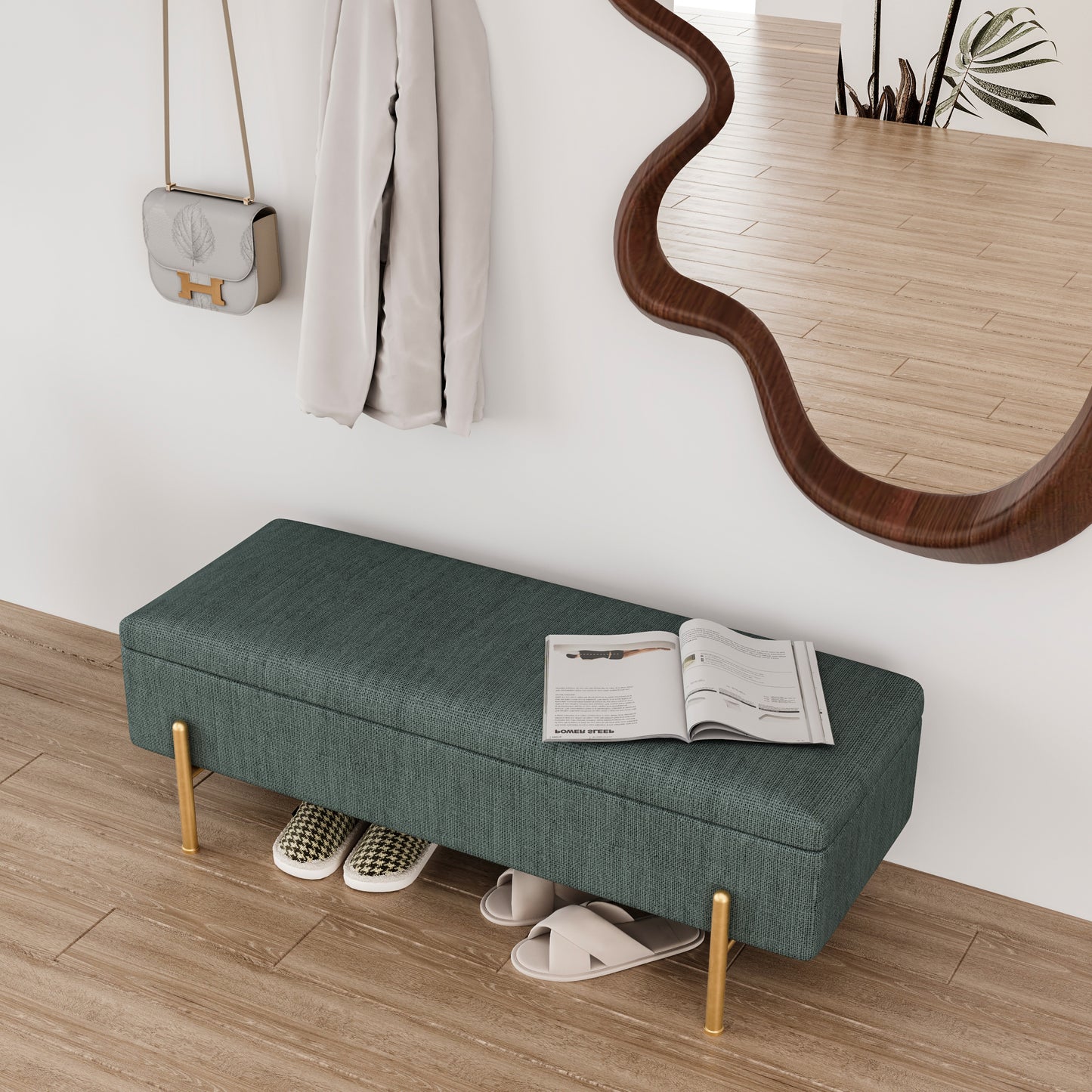 Upholstered Storage Bench Rectangular Ottoman Entryway Bench Storage Chest with Padded Seat Bed End Stool for Hallway Living Room Bedroom, Green Chenille Fabric