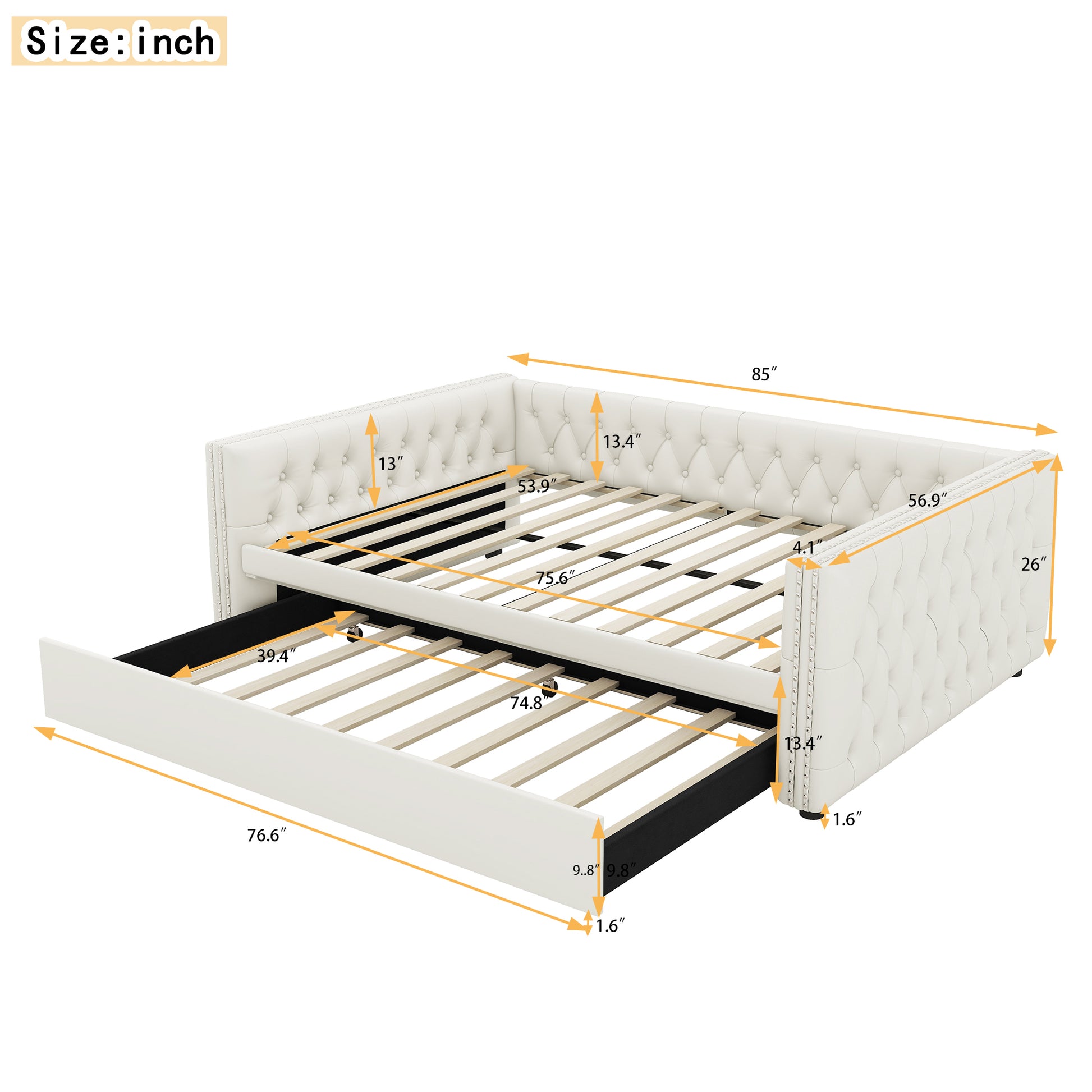 Full Size Daybed, Upholstered Tufted Sofa Bed with Trundle, Daybed with Button & Copper Nail on Square Arms, Full Daybed with Twin Trundle, White