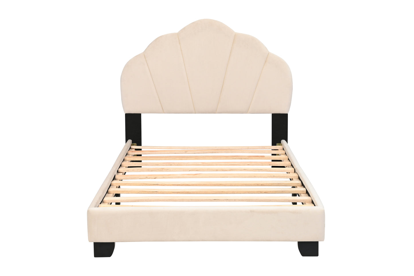 Upholstered Twin Size Platform Bed for Kids, with Slatted Bed Base, No Box Spring Needed, White color, Shell Design