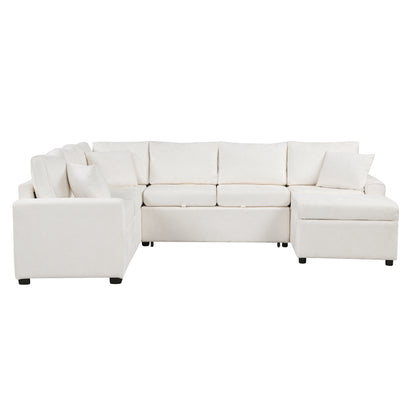 112.2" Sectional Sofa Pull-out Sofa Bed Sleeper with a Storage Ottoman,Three Pillows and Charging Devices for Living Room, Cream