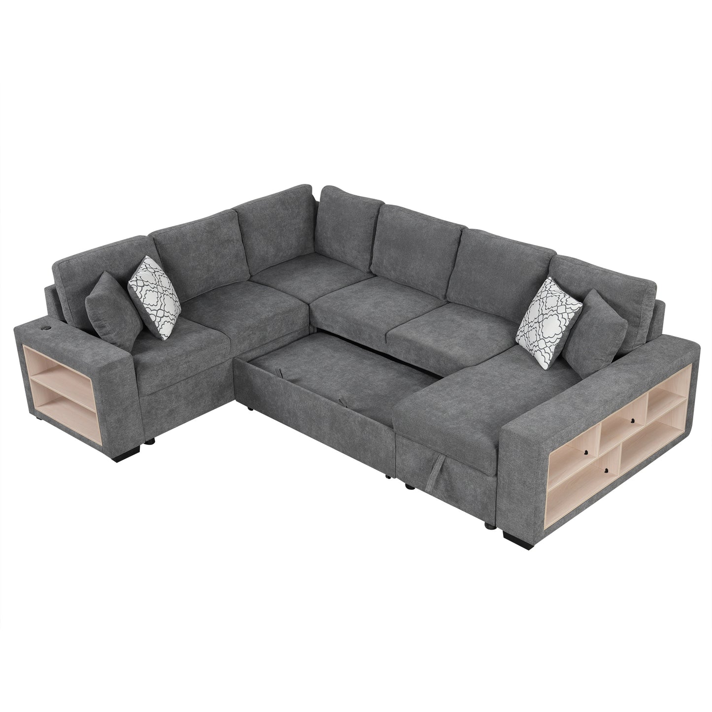 109" U-shaped Sectional Sofa Pull-out Sofa Bed with Two USB Ports, a Storage Chaise Lounge and Four Back Pillows for Living Room, Grey