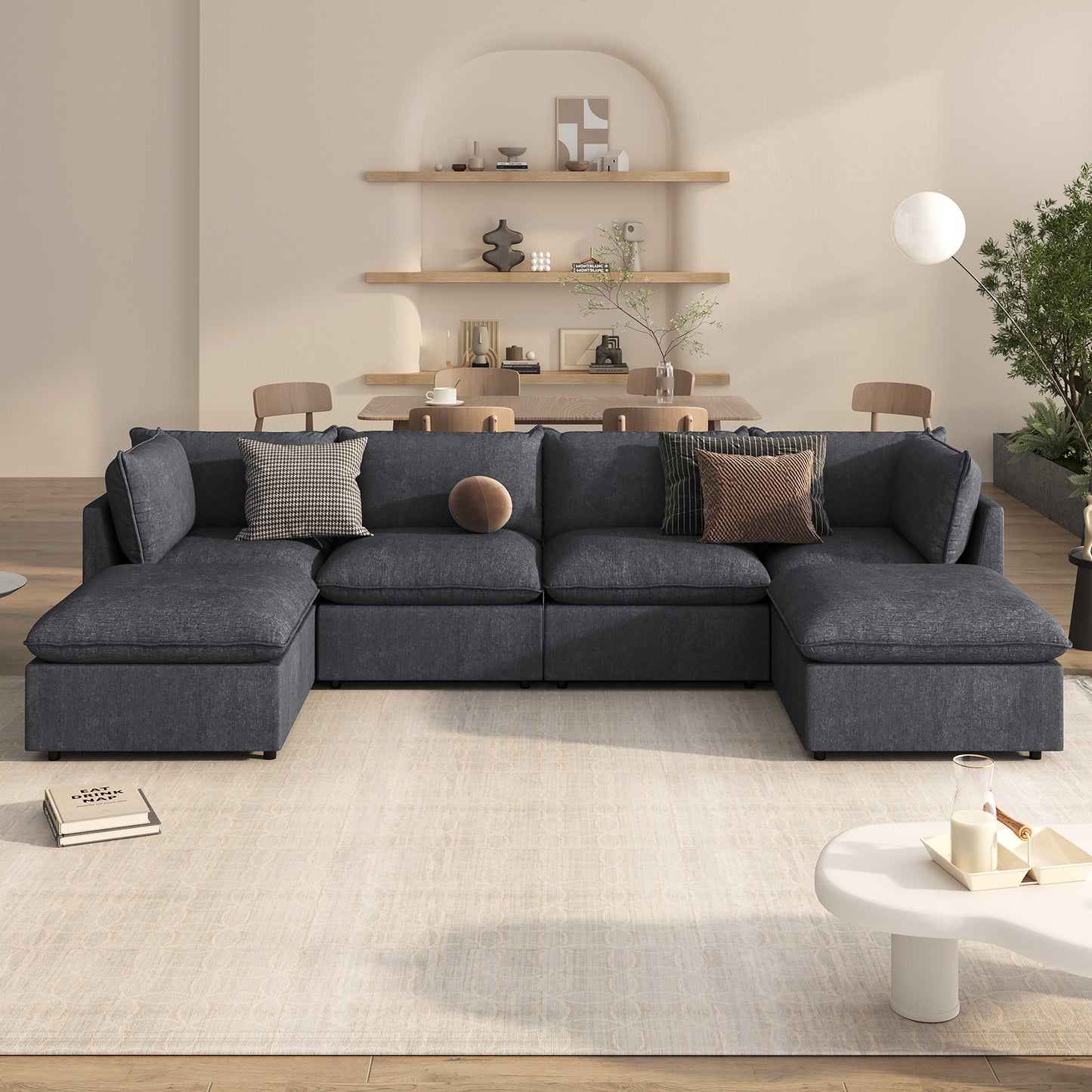 U_Style Modern Large U-Shape Sectional Sofa, 2 Large Chaise with Removable Ottomans, Convertible L-Shape Sectional Sofa with Stylish Piping Design,for Living Room,Spacious Space(Old SKU:WY000351AAE)