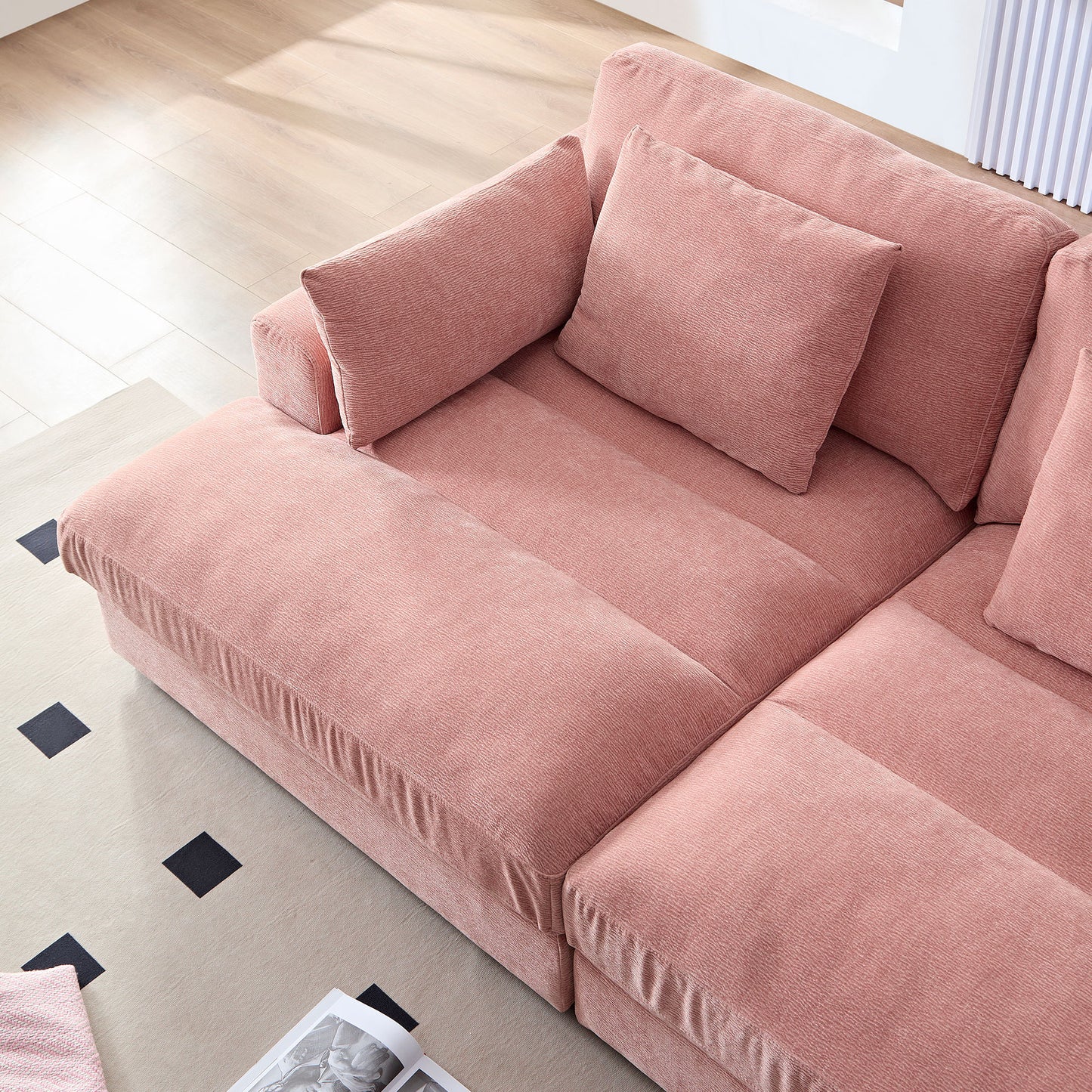 89.76 inch Double Sleeper Sofa Cloud Couch Soft Fluffy Fabric Upholstery with Square Armrests,Comfor Daybed with Over Wide Sofa Bed,Modern Beanbag for Living Room  Apartment,Pink