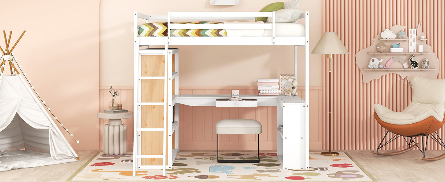 Full Size Loft Bed with Ladder, Shelves, and Desk, White(OLD SKU:LT000226AAK)