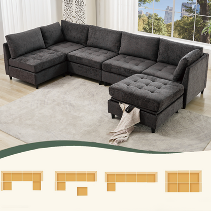 [NEW ARRIVED] [VIDEO PROVIDED]   Modular Sectional Couch with Storage Ottoman, U Shaped Sofa, Storage Ottoman,Minimalist ,Convertible Modular Sofa,Chenille ,Upholstered,6 Seat,Living Room,  Dark  Gray