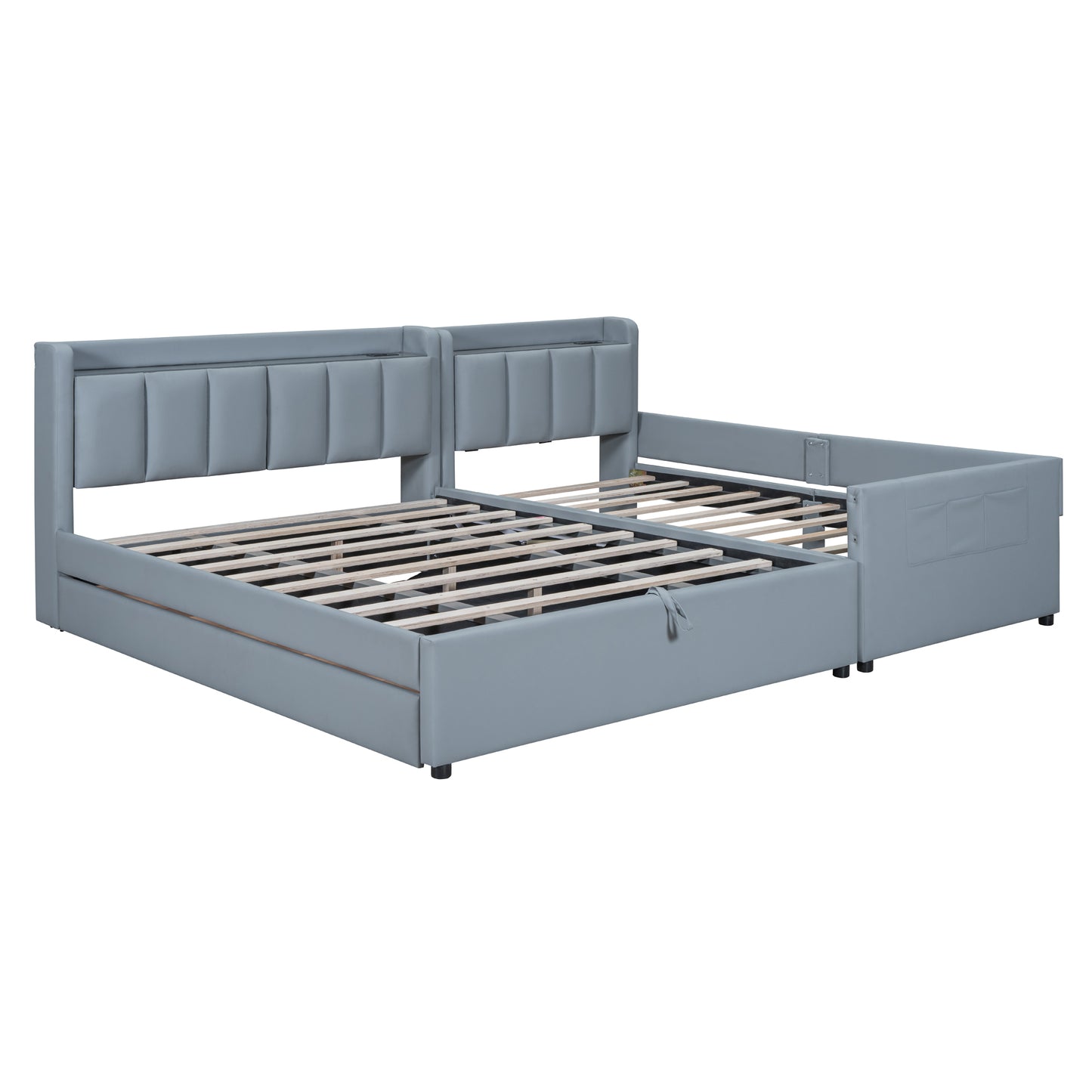 Queen Size & Twin XL Size Upholstered Platform Bed, Mother & Child Bed with Hydraulic Storage System, Drawer Box, Bedhead storage shelf and Two pairs of sockets & USB Ports, PU Leather, Gray