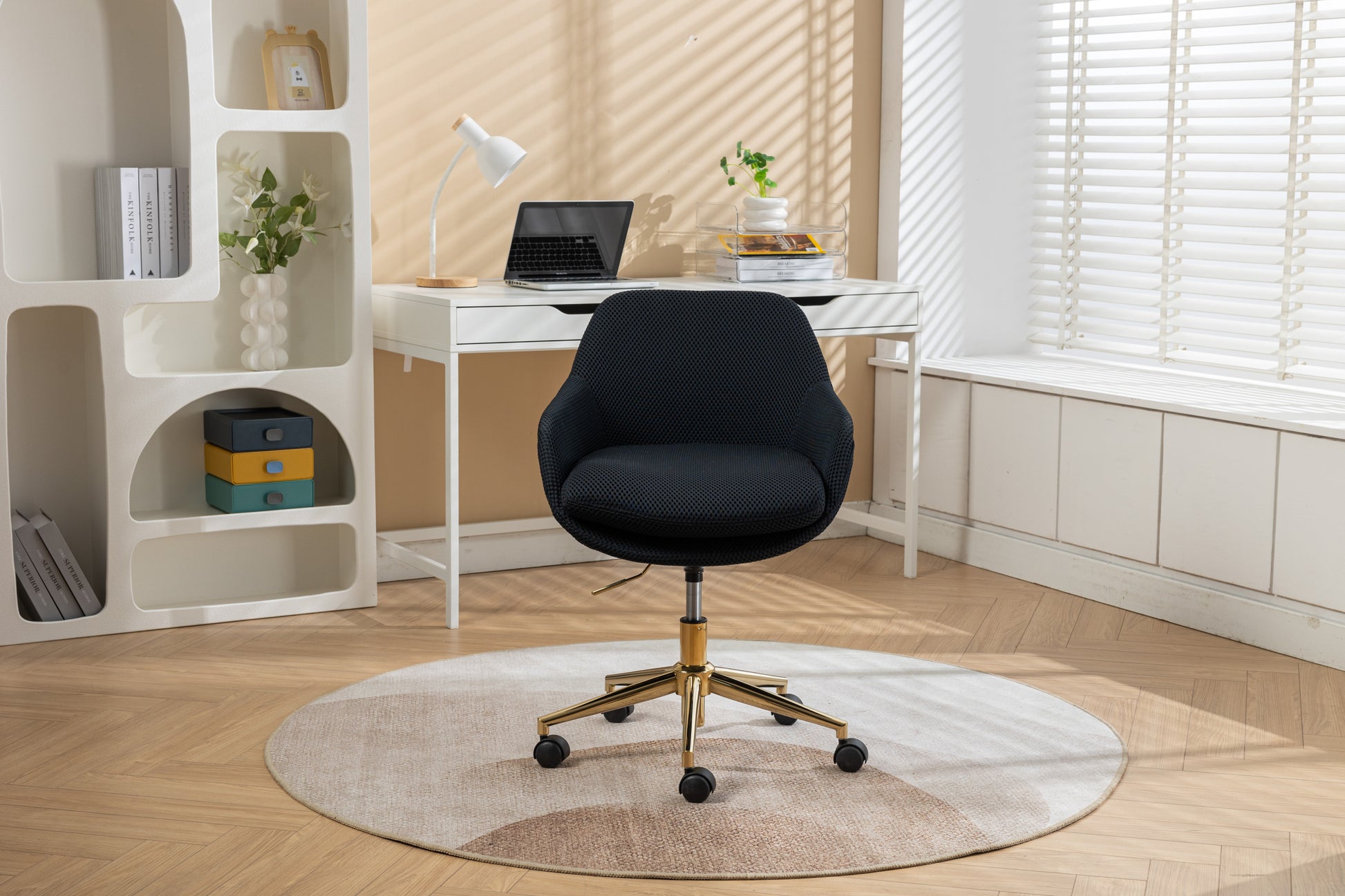 046-Mesh Fabric Home Office 360°Swivel Chair Adjustable Height With Gold Metal Base,Black