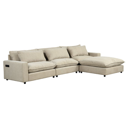 128" Sectional Sofa Cloud Sofa Chenille Upholstered Sofa  Couch with Movable Ottoman, Comfortable Seat Cushions, Charging Ports and Three Back Pillows for Living Room, Beige