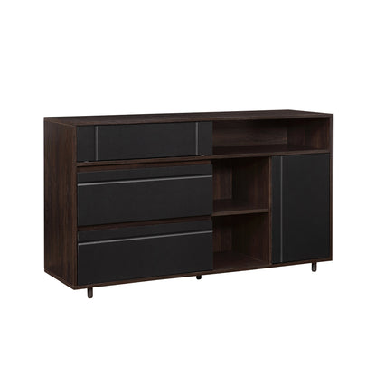 Contemporary Detailed-Door Sideboard with Open Storage – Dark Espresso / Solid Black