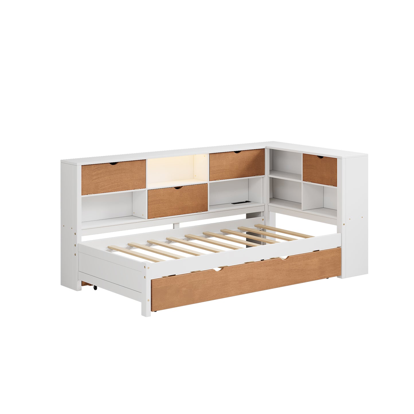 L-Shaped Bed Frame with Trundle and and Bookcase,Corner Bed Wooden Captain Bed with Led Downlight and USB Port for Small Room,Bedroom, Guest Room, Twin Size, Walnut and White