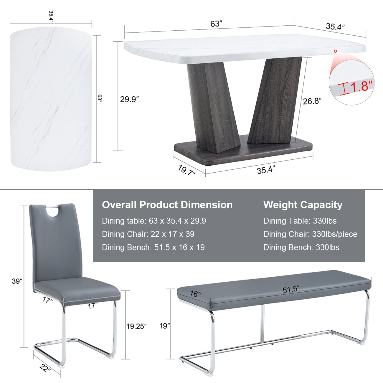 Dining Table Set for 6, 6 Piece Dining Table Set, Faux Marble Table Top and Modern Design MDF Base with 4 PU Leather Ergonomic Dining Chairs&1 Bench