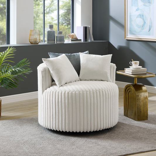 Malna Plush Wide Wale Corduroy Upholstered Barrel Accent Chair with Wheels, Off-white