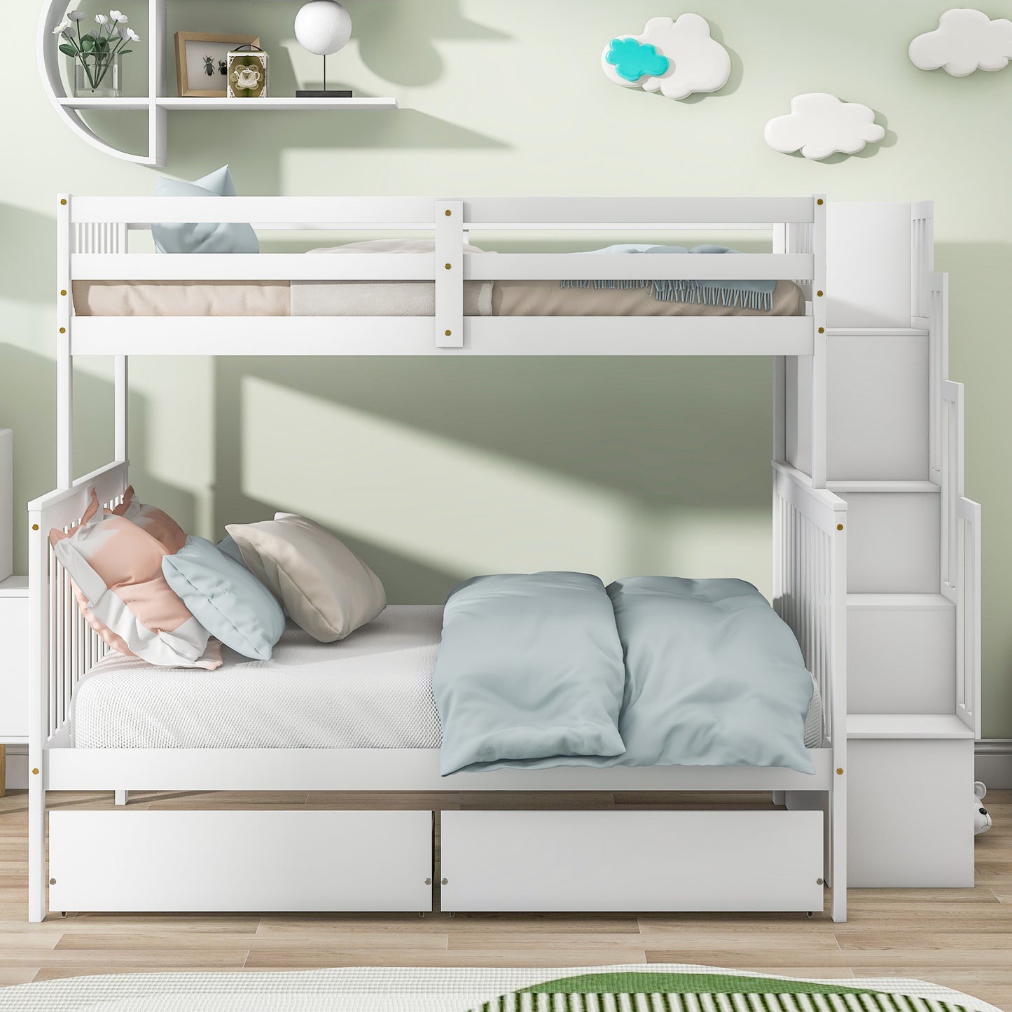 Twin Over Full Bunk Bed with 2 Drawers and Staircases, Convertible into 2 Beds, the Bunk Bed with Staircase and Safety Rails for Kids, Teens, Adults, White