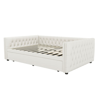 Full Size Daybed, Upholstered Tufted Sofa Bed with Trundle, Daybed with Button & Copper Nail on Square Arms, Full Daybed with Twin Trundle, White