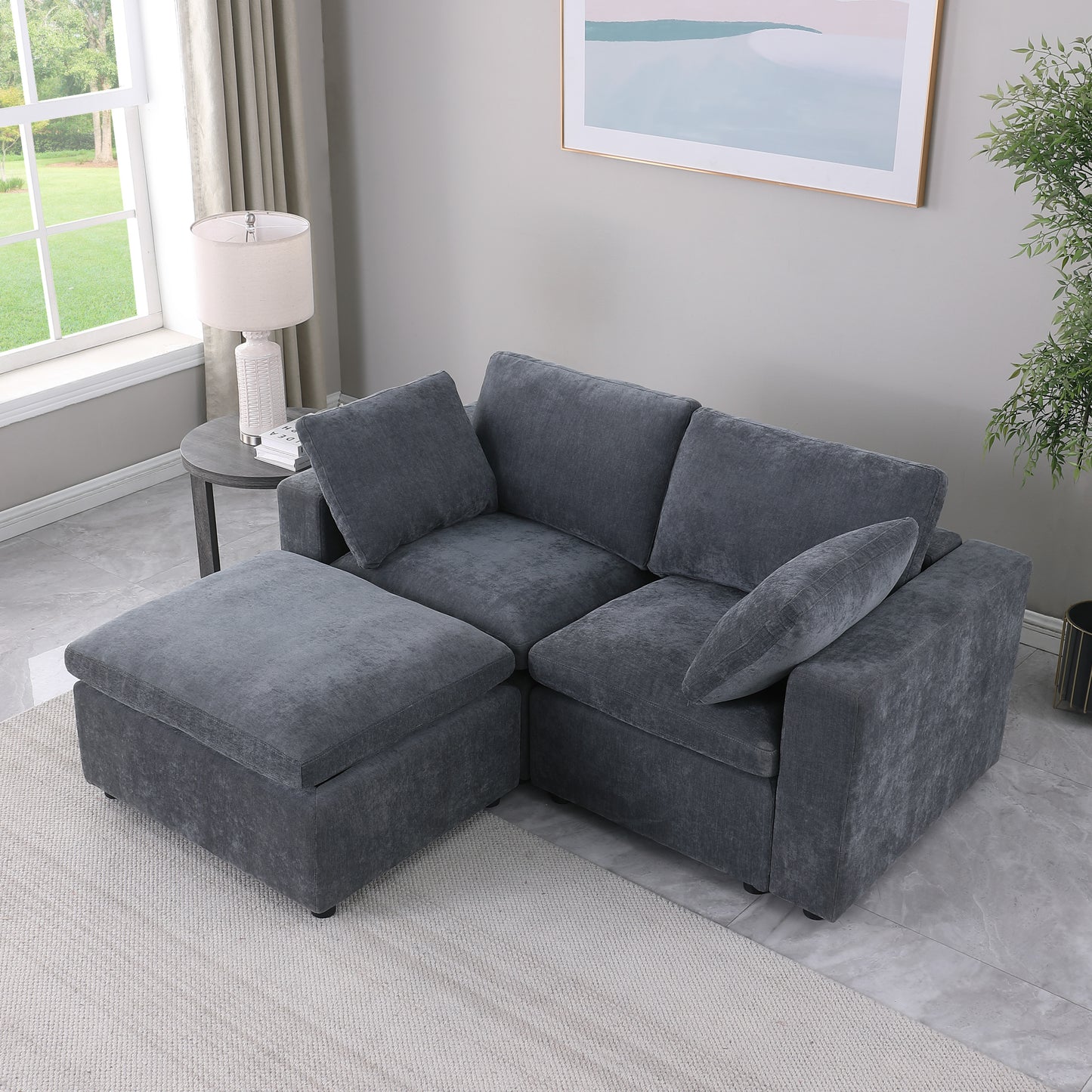 68.5" Loveseat Sofa with Ottoman Modular Sectional Love Seat Couch Small L Shaped Upholstered Couch for Living Room Apartment Small Space, Chenille Grey