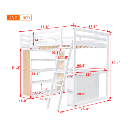 Full Size Loft Bed with Ladder, Shelves, and Desk, White(OLD SKU:LT000226AAK)