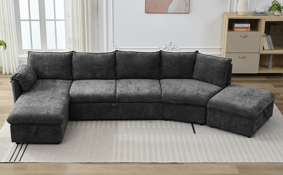 146.9" L-shaped Sofa Sectional Sofa Couch Pull-out Sofa Bed with a Movable Storage Ottoman, a Storage Chaise Lounge and Two USB Ports for Living Room, Grey